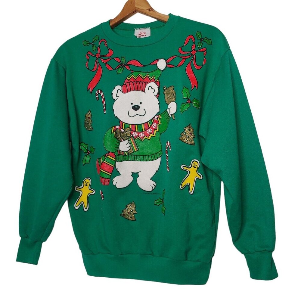 Vintage Jane Colby Christmas Bear Womens Medium Sweatshirt Green Gold Glitter